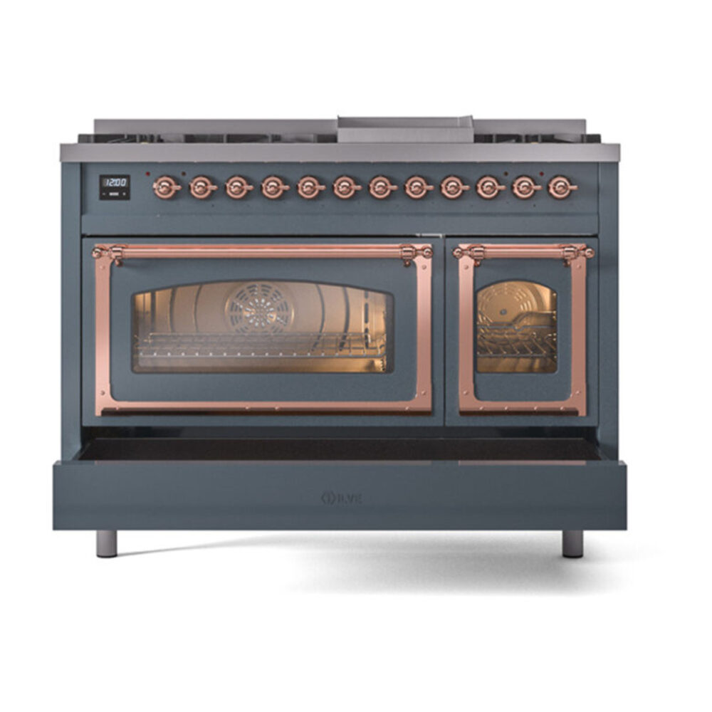 ILVE_UN48FNMPBGPLP_Nostalgie_II_48"_Dual_Fuel_Range_drawer_opened