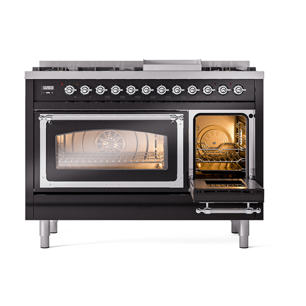 ILVE_UN48FNMPBKCLP_Nostalgie_II_48"_Dual_Fuel_Range_side_oven_door_opened