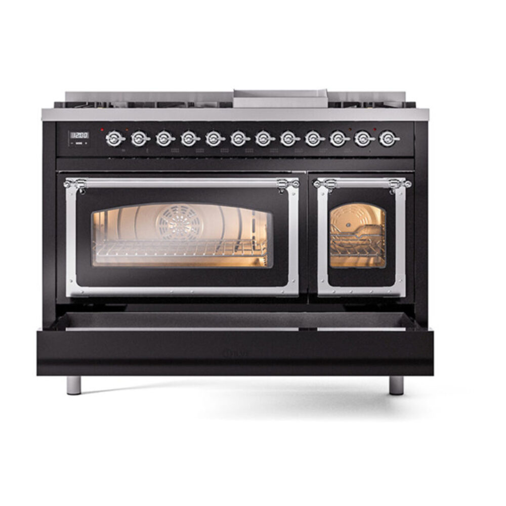 ILVE_UN48FNMPBKCLP_Nostalgie_II_48"_Dual_Fuel_Range_drawer_opened