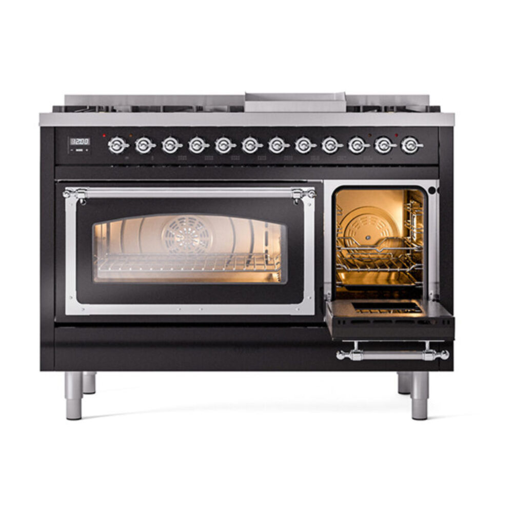 ILVE_UN48FNMPBKC_Nostalgie_II_48"_Dual_Fuel_Range_side_oven_door_opened
