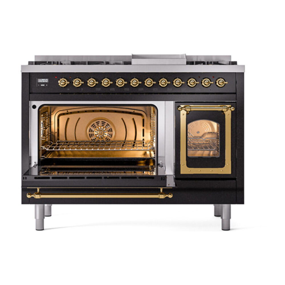 ILVE_UN48FNMPBKGLP_Nostalgie_II_48"_Dual_Fuel_Range_main_oven_door_opened