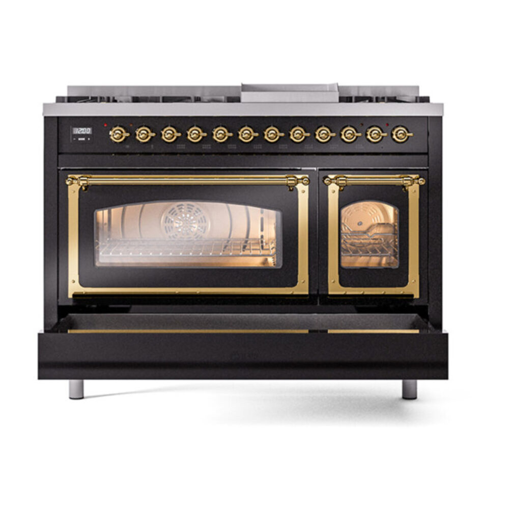 ILVE_UN48FNMPBKGLP_Nostalgie_II_48"_Dual_Fuel_Range_drawer_opened
