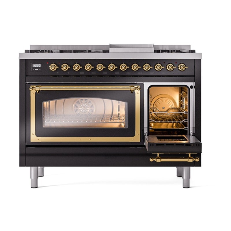 ILVE_UN48FNMPBKG_Nostalgie_II_48"_Dual_Fuel_Range_side_oven_door_opened