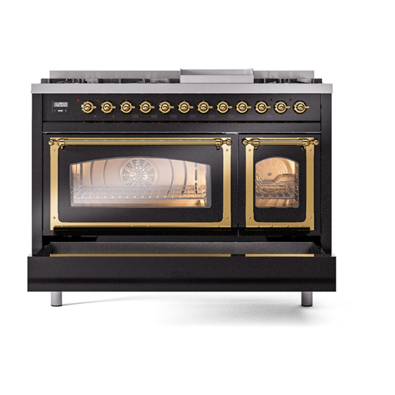 ILVE_UN48FNMPBKG_Nostalgie_II_48"_Dual_Fuel_Range_drawer_opened