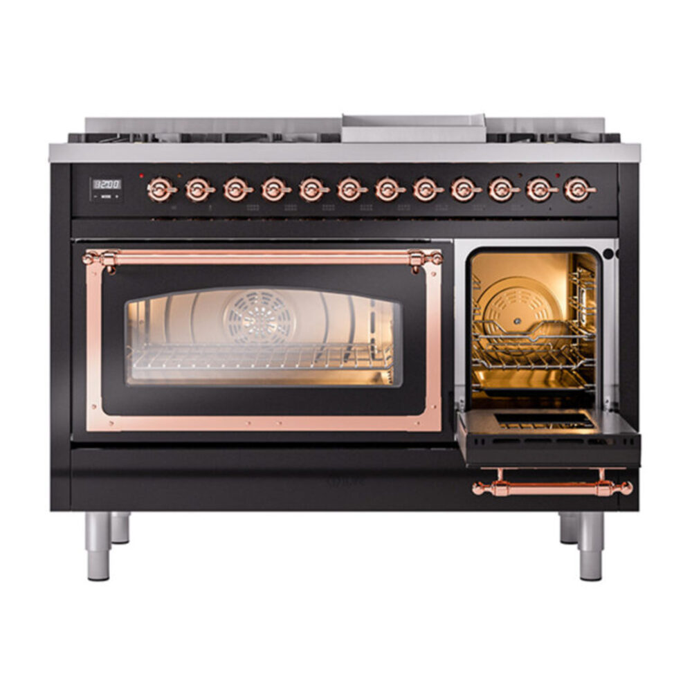 ILVE_UN48FNMPBKPLP_Nostalgie_II_48"_Dual_Fuel_Range_side_oven_door_opened