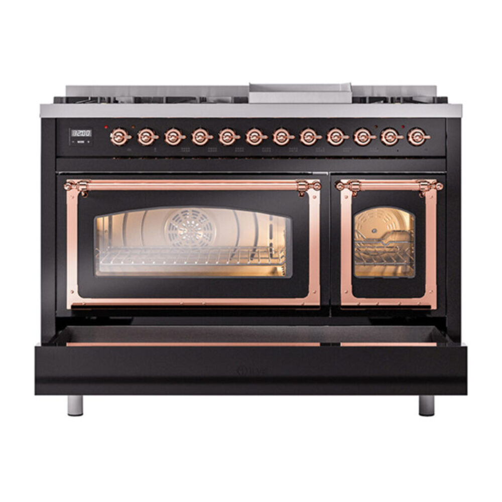 ILVE_UN48FNMPBKP_Nostalgie_II_48"_Dual_Fuel_Range_drawer_opened
