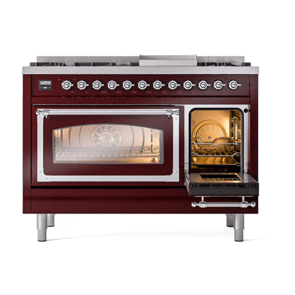 ILVE_UN48FNMPBUCLP_Nostalgie_II_48"_Dual_Fuel_Range_side_oven_door_opened