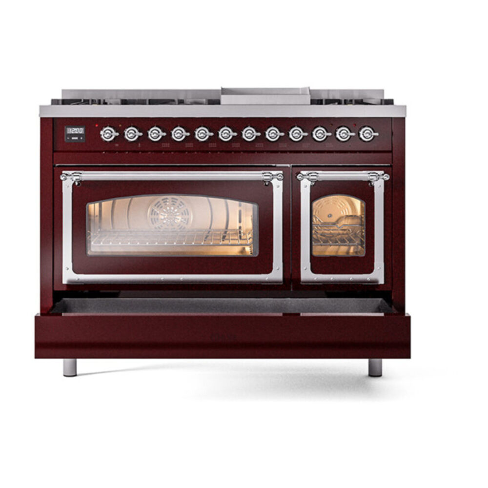 ILVE_UN48FNMPBUCLP_Nostalgie_II_48"_Dual_Fuel_Range_drawer_opened