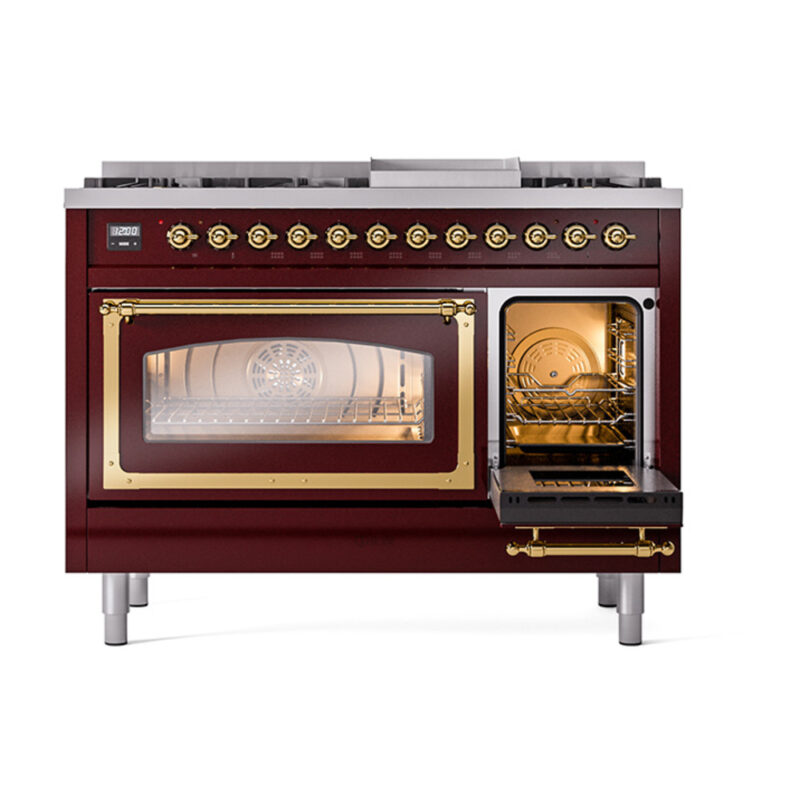 ILVE_UN48FNMPBUGLP_Nostalgie_II_48"_Dual_Fuel_Range_side_oven_door_opened