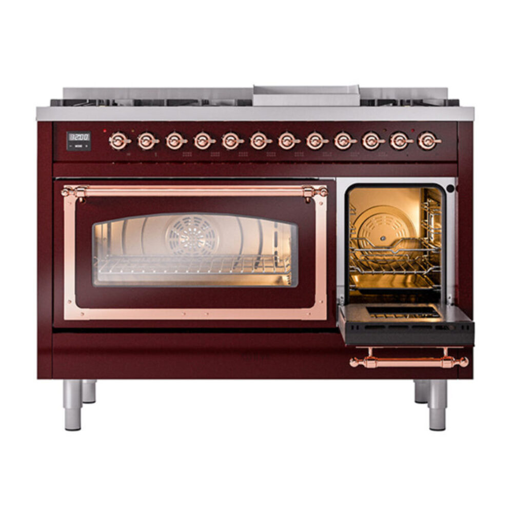 ILVE_UN48FNMPBUPLP_Nostalgie_II_48"_Dual_Fuel_Range_side_oven_door_opened