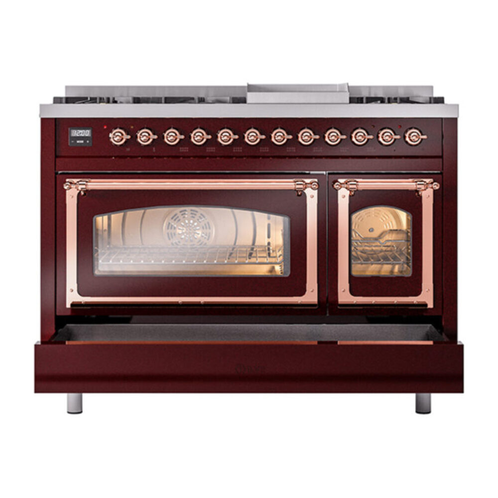 ILVE_UN48FNMPBUP_Nostalgie_II_48"_Dual_Fuel_Range_drawer_opened