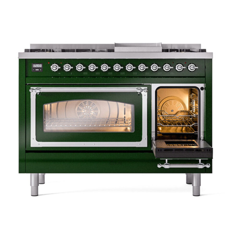 ILVE_UN48FNMPEGCLP_Nostalgie_II_48"_Dual_Fuel_Range_side_oven_door_opened