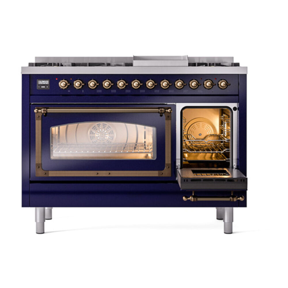 ILVE_UN48FNMPMBBLP_Nostalgie_II_48"_Dual_Fuel_Range_side_oven_door_opened
