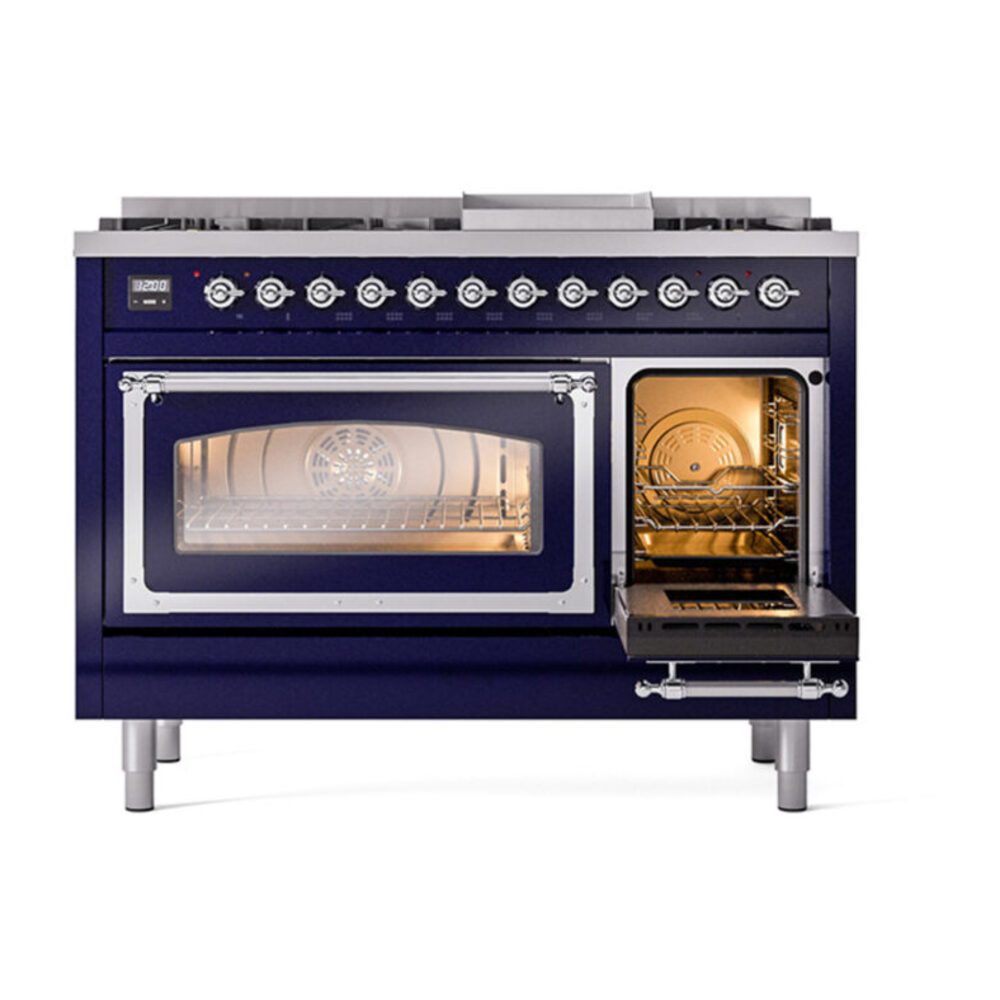 ILVE_UN48FNMPMBCLP_Nostalgie_II_48"_Dual_Fuel_Range_side_oven_door_opened