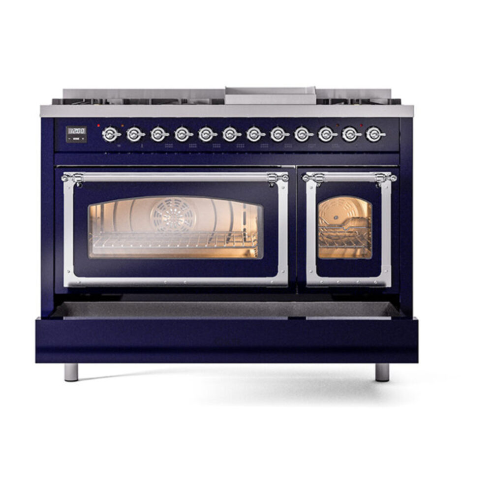 ILVE_UN48FNMPMBC_Nostalgie_II_48"_Dual_Fuel_Range_drawer_opened