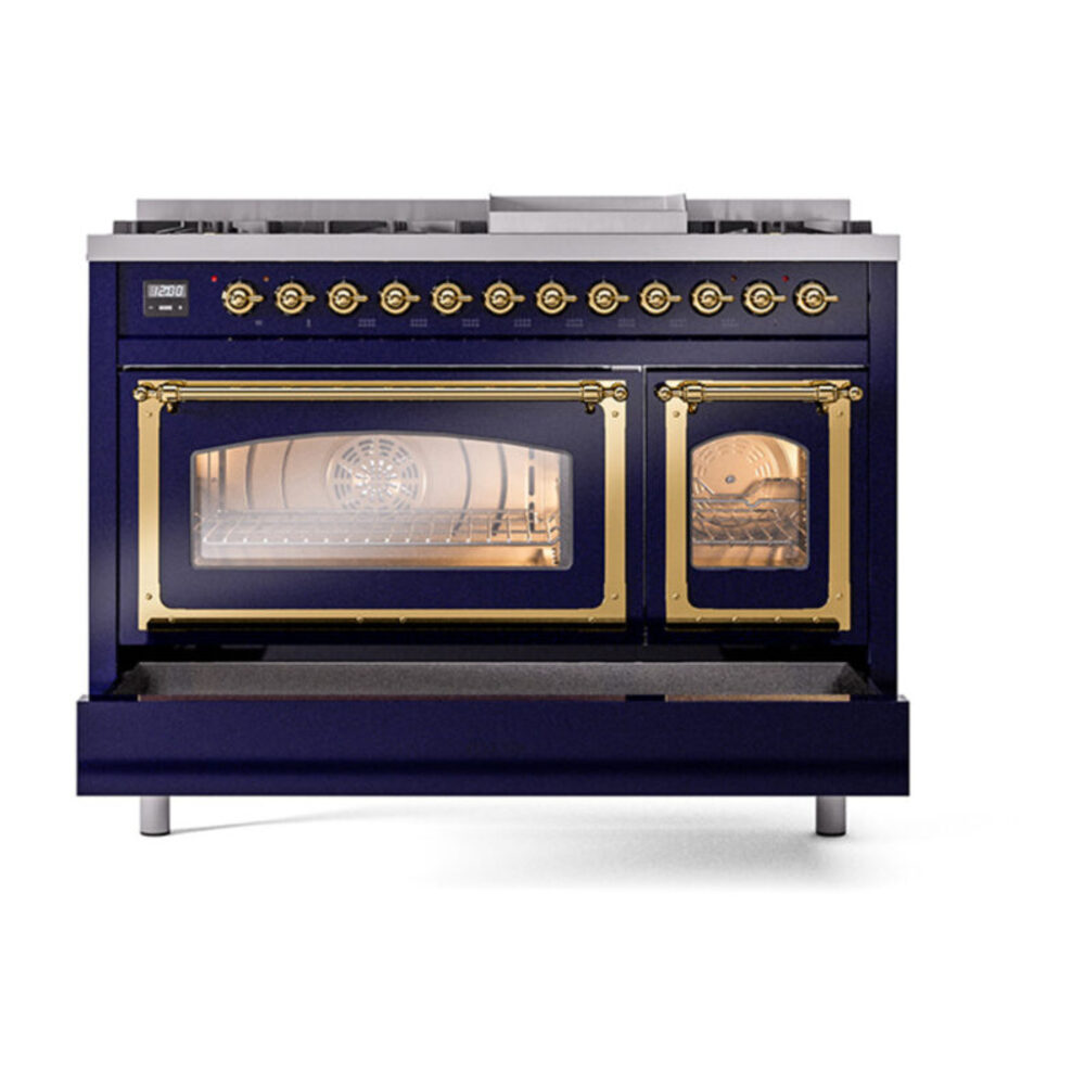 ILVE_UN48FNMPMBGLP_Nostalgie_II_48"_Dual_Fuel_Range_drawer_opened