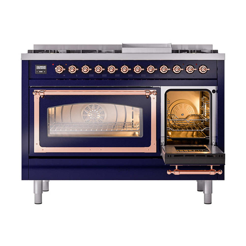 ILVE_UN48FNMPMBPLP_Nostalgie_II_48"_Dual_Fuel_Range_side_oven_door_opened