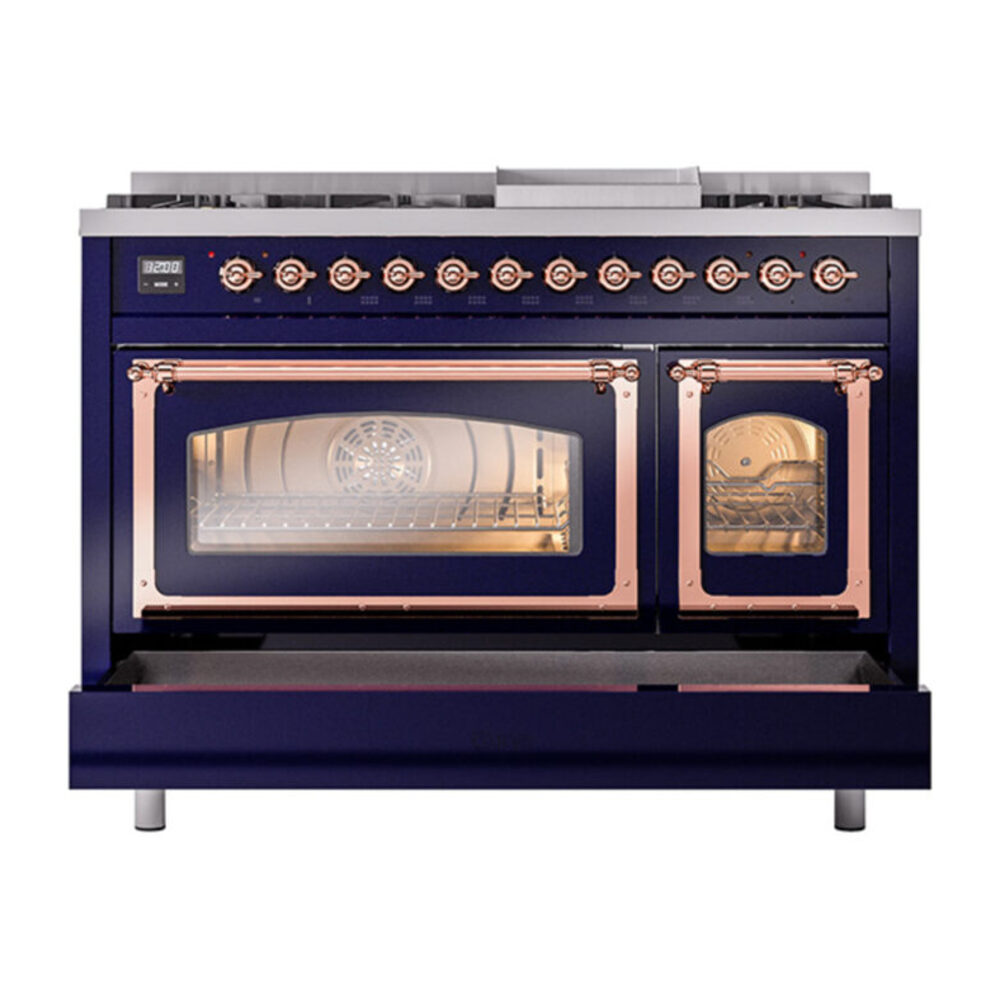 ILVE_UN48FNMPMBPLP_Nostalgie_II_48"_Dual_Fuel_Range_drawer_opened