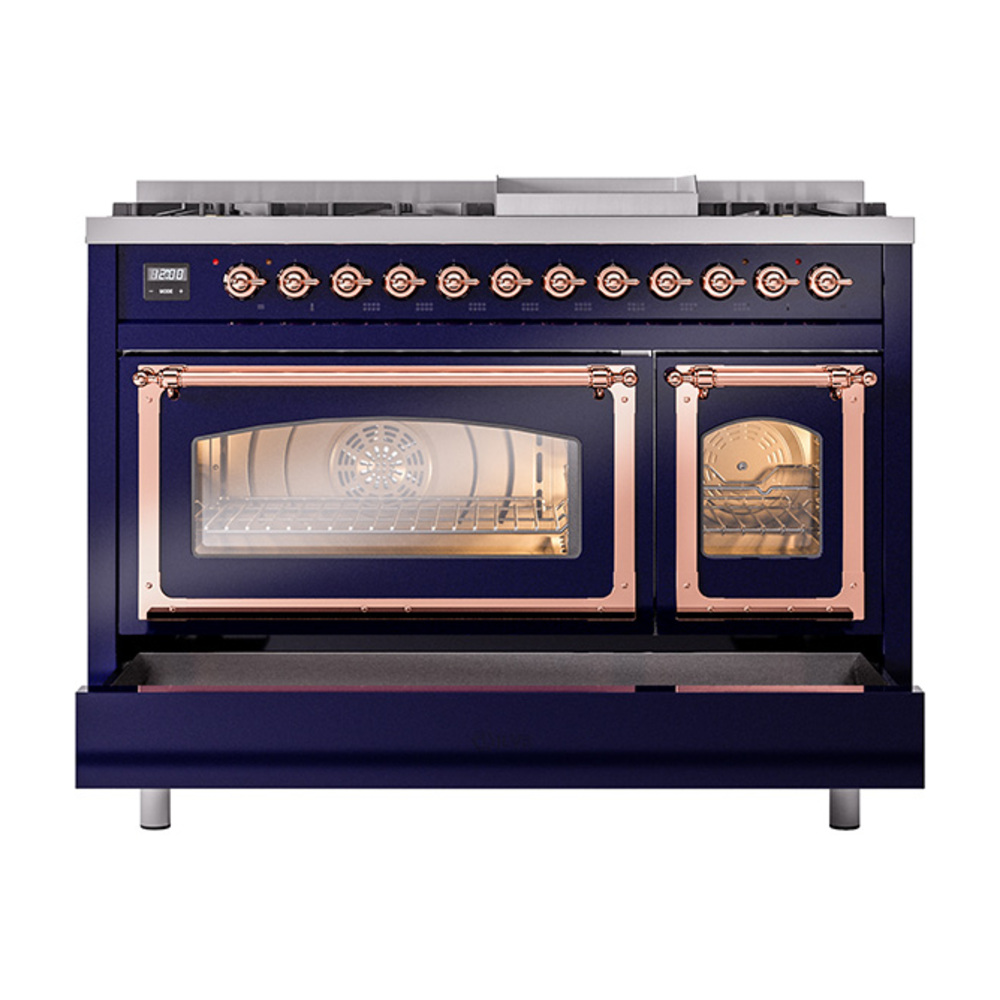 ILVE_UN48FNMPMBPLP_Nostalgie_II_48"_Dual_Fuel_Range_drawer_opened