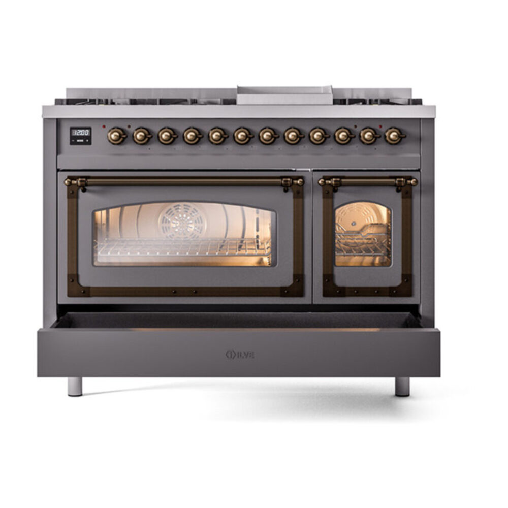 ILVE_UN48FNMPMGB_Nostalgie_II_48"_Dual_Fuel_Range_drawer_opened