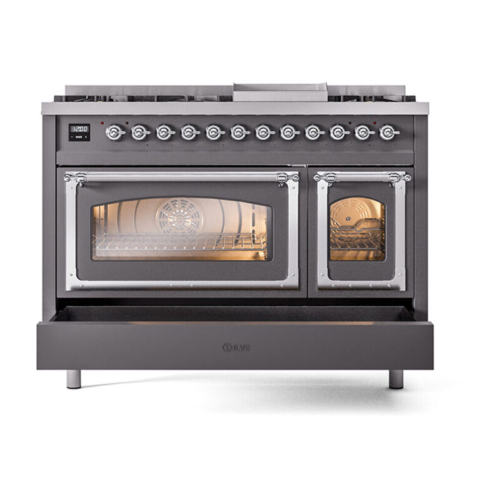 ILVE_UN48FNMPMGCLP_Nostalgie_II_48"_Dual_Fuel_Range_drawer_opened