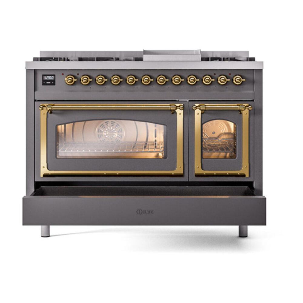 ILVE_UN48FNMPMGG_Nostalgie_II_48"_Dual_Fuel_Range_drawer_opened
