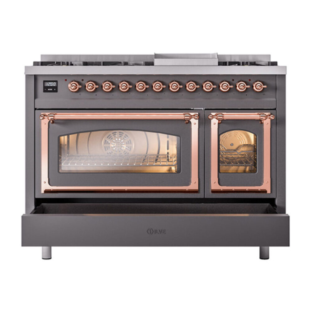 ILVE_UN48FNMPMGP_Nostalgie_II_48"_Dual_Fuel_Range_drawer_opened