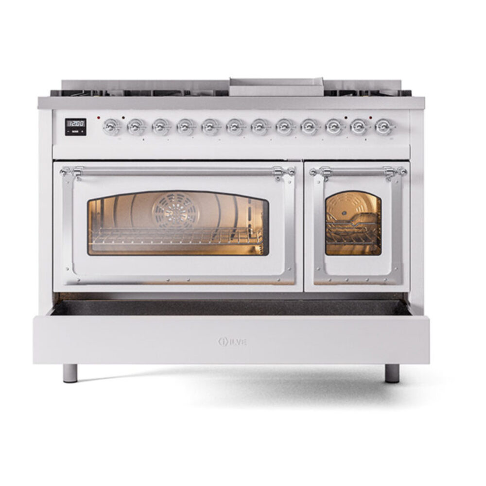 ILVE_UN48FNMPRAC_Nostalgie_II_48"_Dual_Fuel_Range_drawer_opened