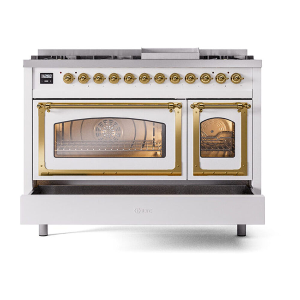 ILVE_UN48FNMPRAGLP_Nostalgie_II_48"_Dual_Fuel_Range_drawer_opened
