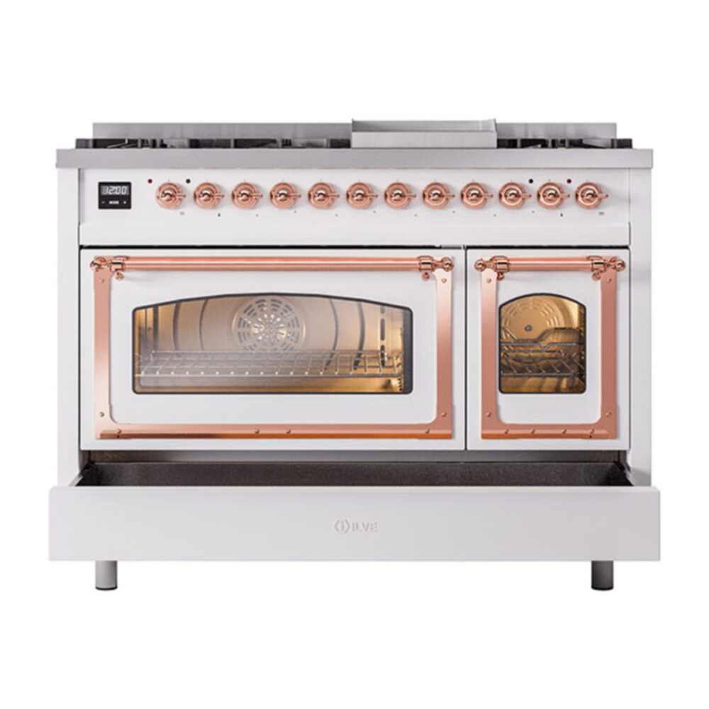 ILVE_UN48FNMPRAP_Nostalgie_II_48"_Dual_Fuel_Range_drawer_opened