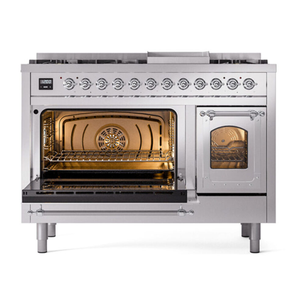 ILVE_UN48FNMPSSCLP_Nostalgie_II_48"_Dual_Fuel_Range_main_oven_door_opened