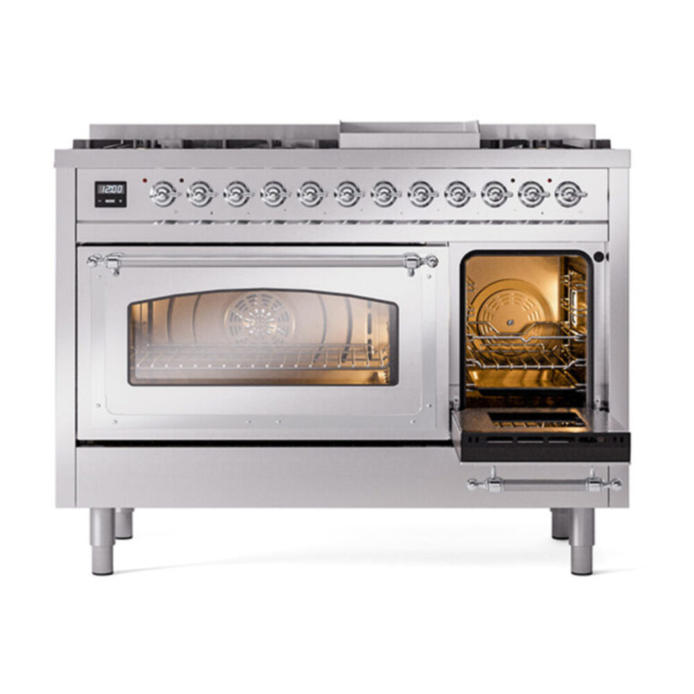 ILVE_UN48FNMPSSC_Nostalgie_II_48"_Dual_Fuel_Range_side_oven_door_opened