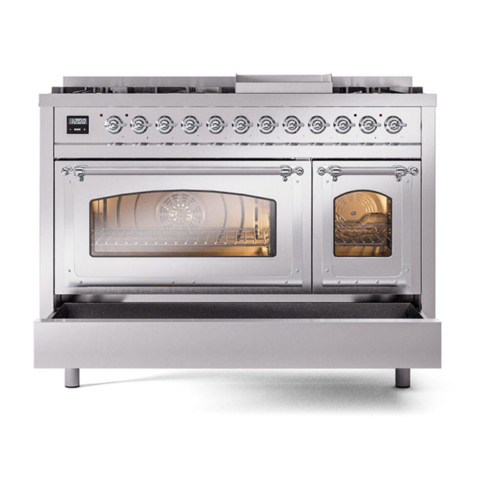 ILVE_UN48FNMPSSC_Nostalgie_II_48"_Dual_Fuel_Range_drawer_opened
