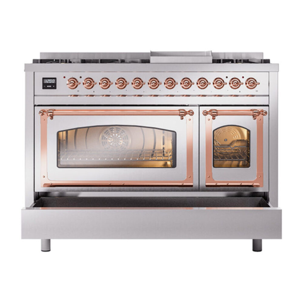 ILVE_UN48FNMPSSP_Nostalgie_II_48"_Dual_Fuel_Range_drawer_opened