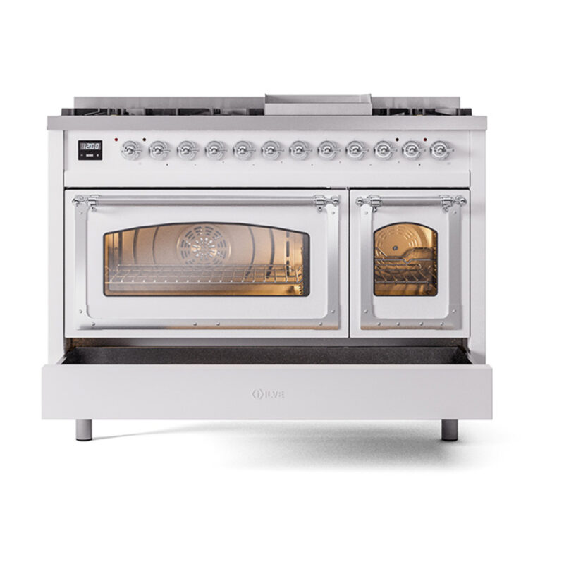 ILVE_UN48FNMPWHCLP_Nostalgie_II_40"_Dual_Fuel_Range_drawer_opened