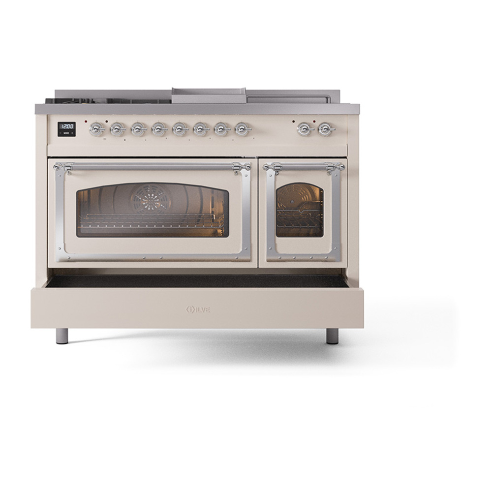 ILVE_UN48FSNMPAWCLP_Nostalgie_II_48"_Dual_Fuel_Range_drawer_opened