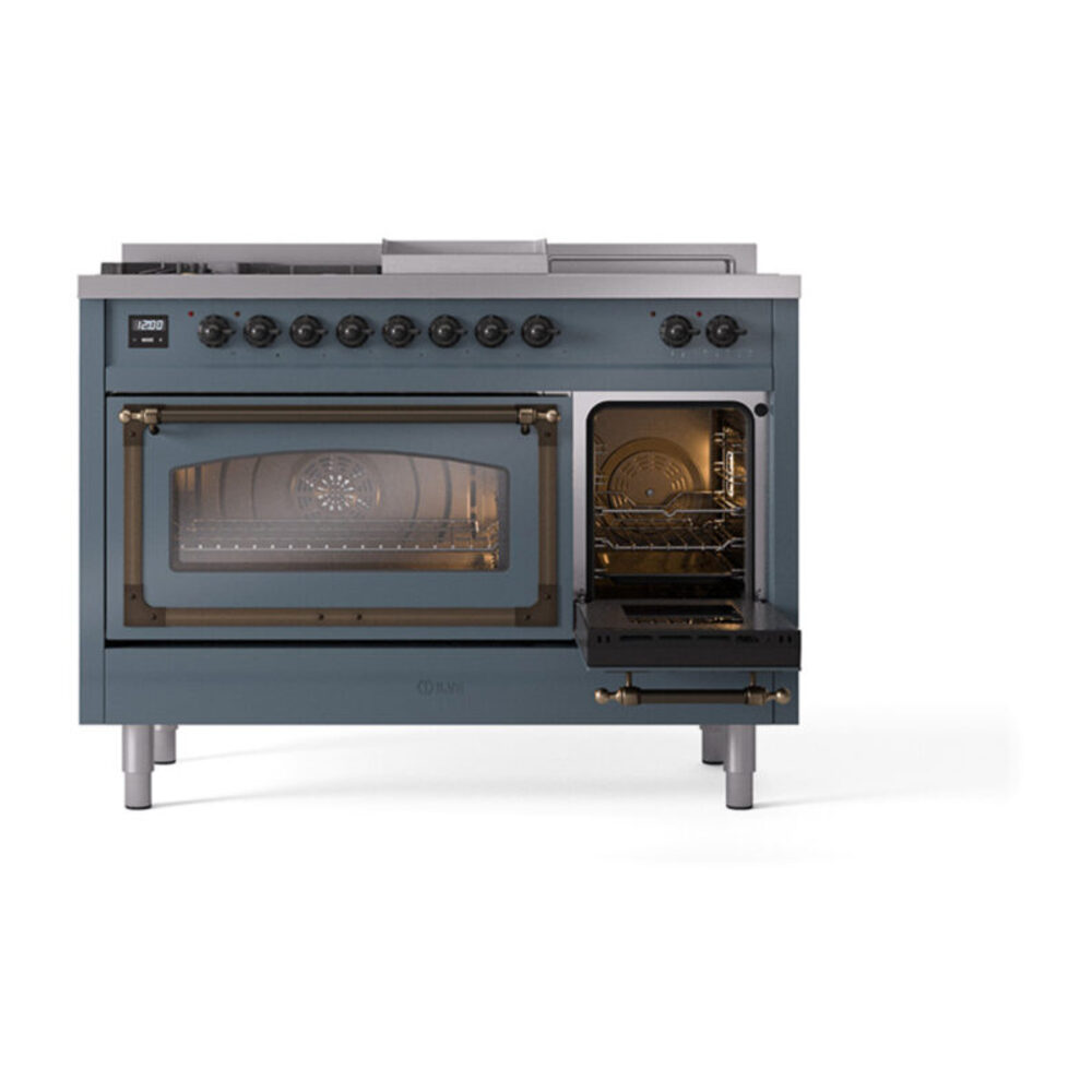ILVE_UN48FSNMPBGBLP_Nostalgie_II_48"_Dual_Fuel_Range_side_oven_door_opened