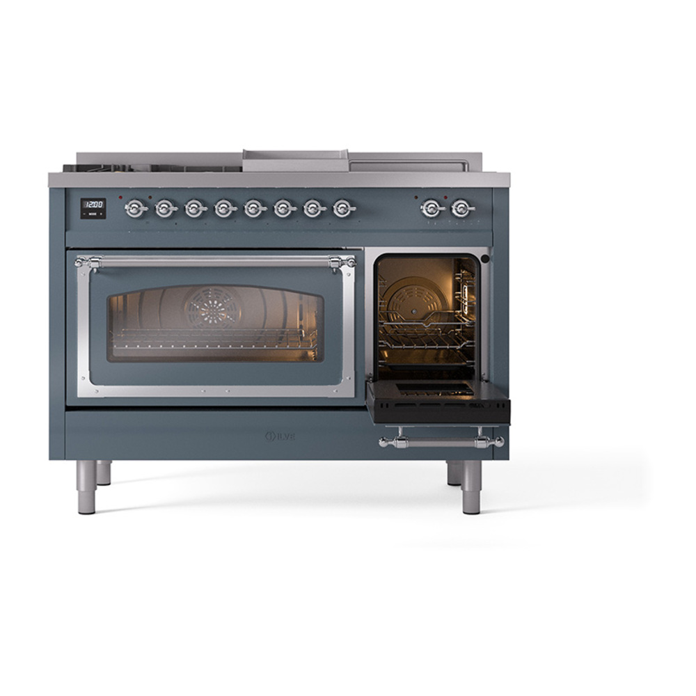 ILVE_UN48FSNMPBGCLP_Nostalgie_II_48"_Dual_Fuel_Range_side_oven_door_opened