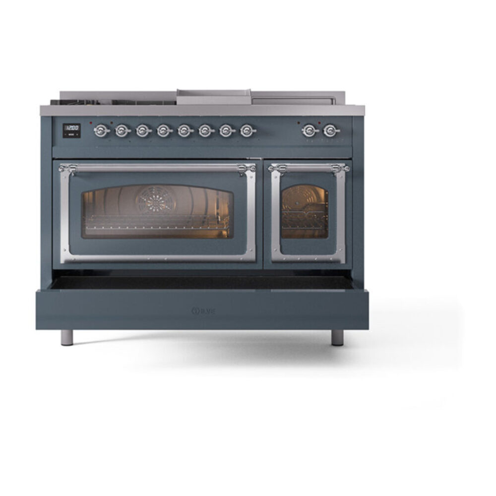 ILVE_UN48FSNMPBGCLP_Nostalgie_II_48"_Dual_Fuel_Range_drawer_opened