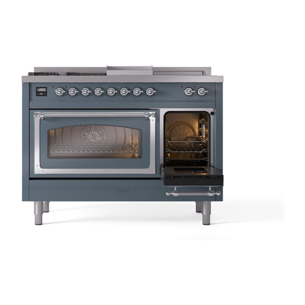 ILVE_UN48FSNMPBGC_Nostalgie_II_48"_Dual_Fuel_Range_side_oven_door_opened