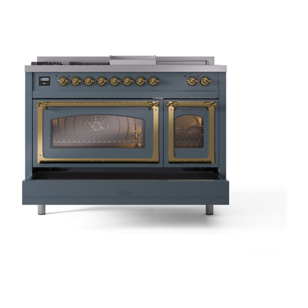 ILVE_UN48FSNMPBGGLP_Nostalgie_II_48"_Dual_Fuel_Range_drawer_opened