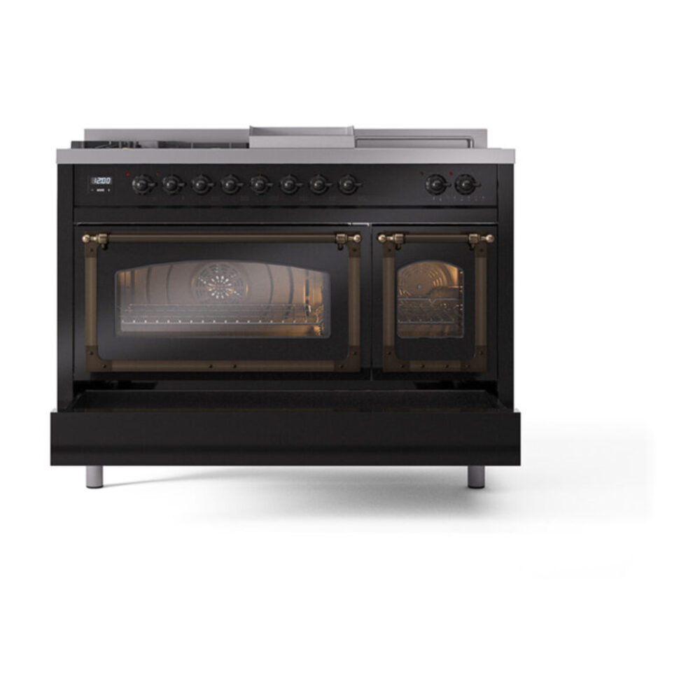 ILVE_UN48FSNMPBKB_Nostalgie_II_48"_Dual_Fuel_Range_drawer_opened