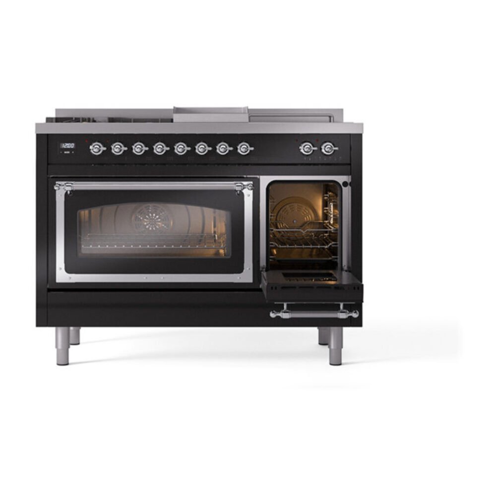 ILVE_UN48FSNMPBKCLP_Nostalgie_II_48"_Dual_Fuel_Range_side_oven_door_opened