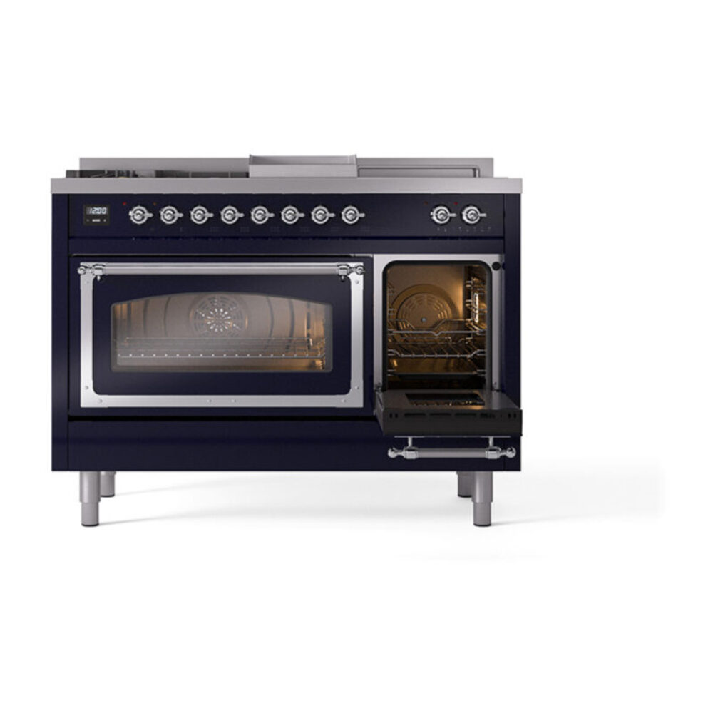 ILVE_UN48FSNMPMBCLP_Nostalgie_II_48"_Dual_Fuel_Range_side_oven_door_opened