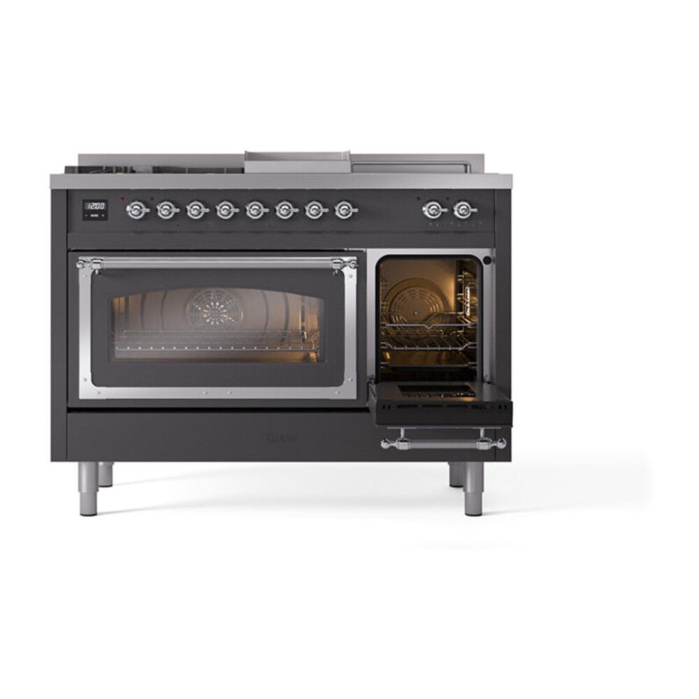 ILVE_UN48FSNMPMGCLP_Nostalgie_II_48"_Dual_Fuel_Range_side_oven_door_opened