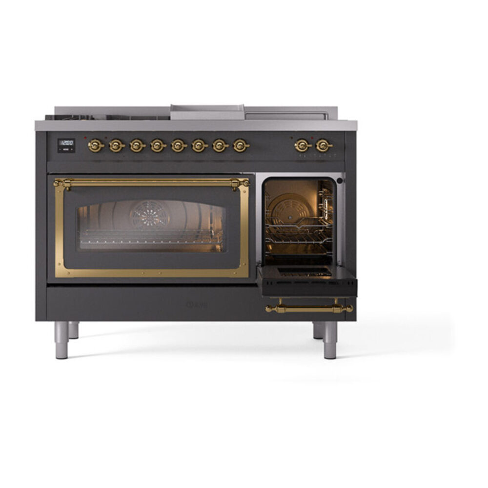 ILVE_UN48FSNMPMGGLP_Nostalgie_II_48"_Dual_Fuel_Range_side_oven_door_opened