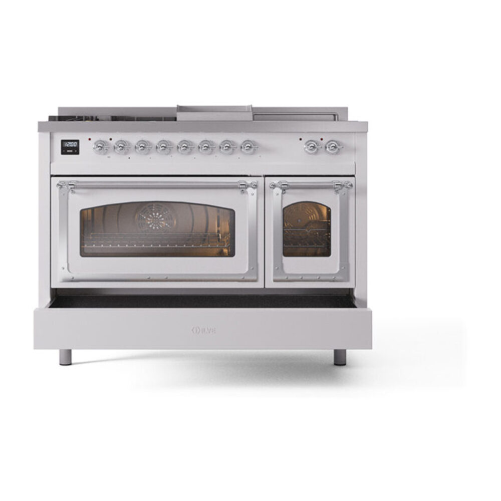 ILVE_UN48FSNMPRACLP_Nostalgie_II_48"_Dual_Fuel_Range_drawer_opened