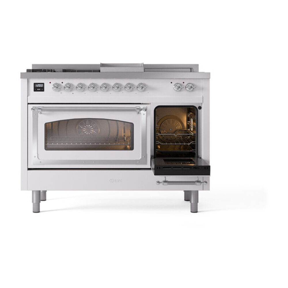 ILVE_UN48FSNMPWHCLP_Nostalgie_II_48"_Dual_Fuel_Range_side_oven_door_opened