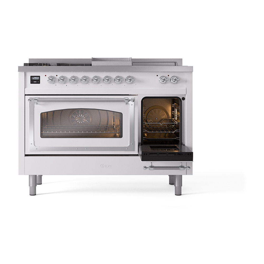 ILVE_UN48FSNMPWHCLP_Nostalgie_II_48"_Dual_Fuel_Range_side_oven_door_opened