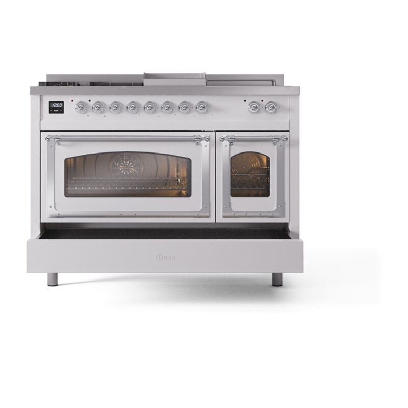 ILVE_UN48FSNMPWHC_Nostalgie_II_48"_Dual_Fuel_Range_drawer_opened